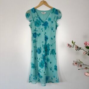 VTG! D.B.Y. Floral Chiffon Dress Blue Sheer V Neck Midi Y2K Romantic Fairycore 6